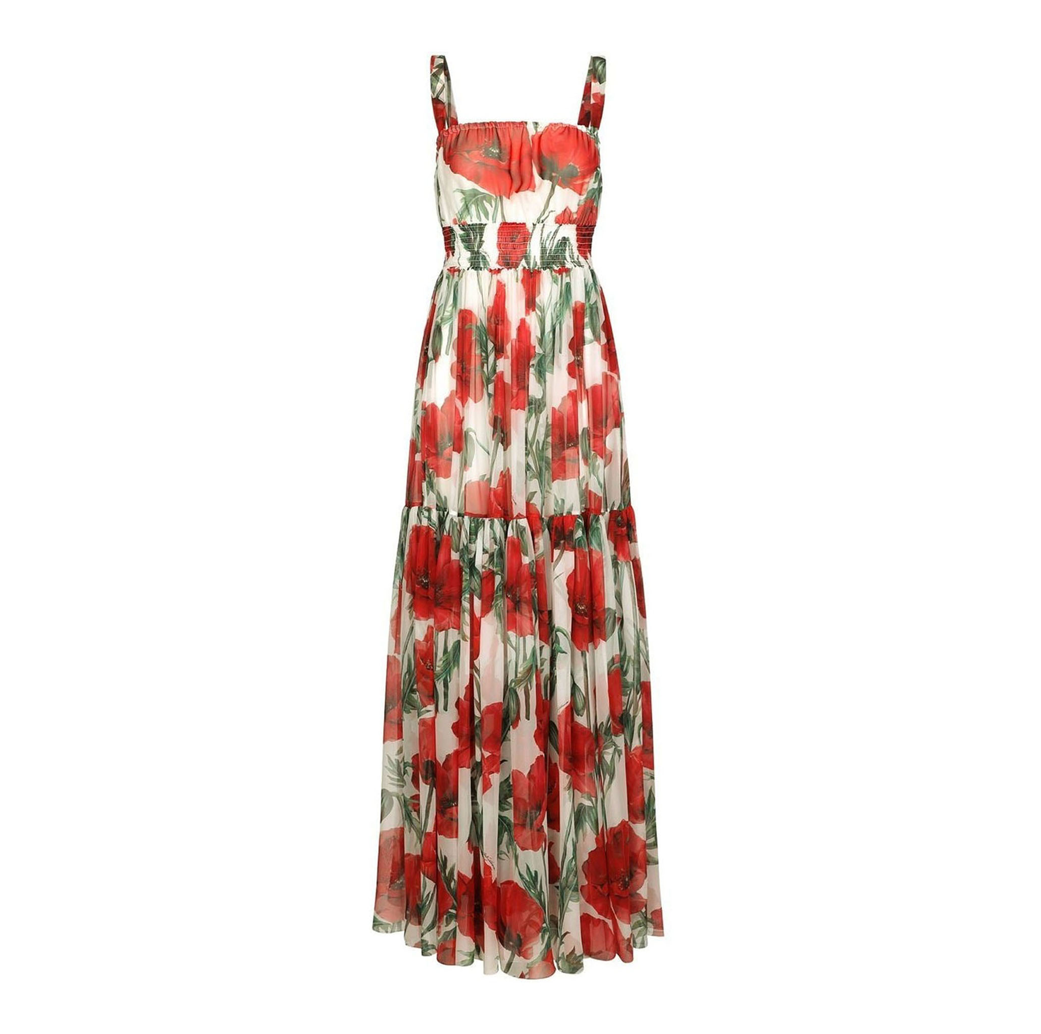 POPPY PRINT SILK CHIFFON LONG DRESS