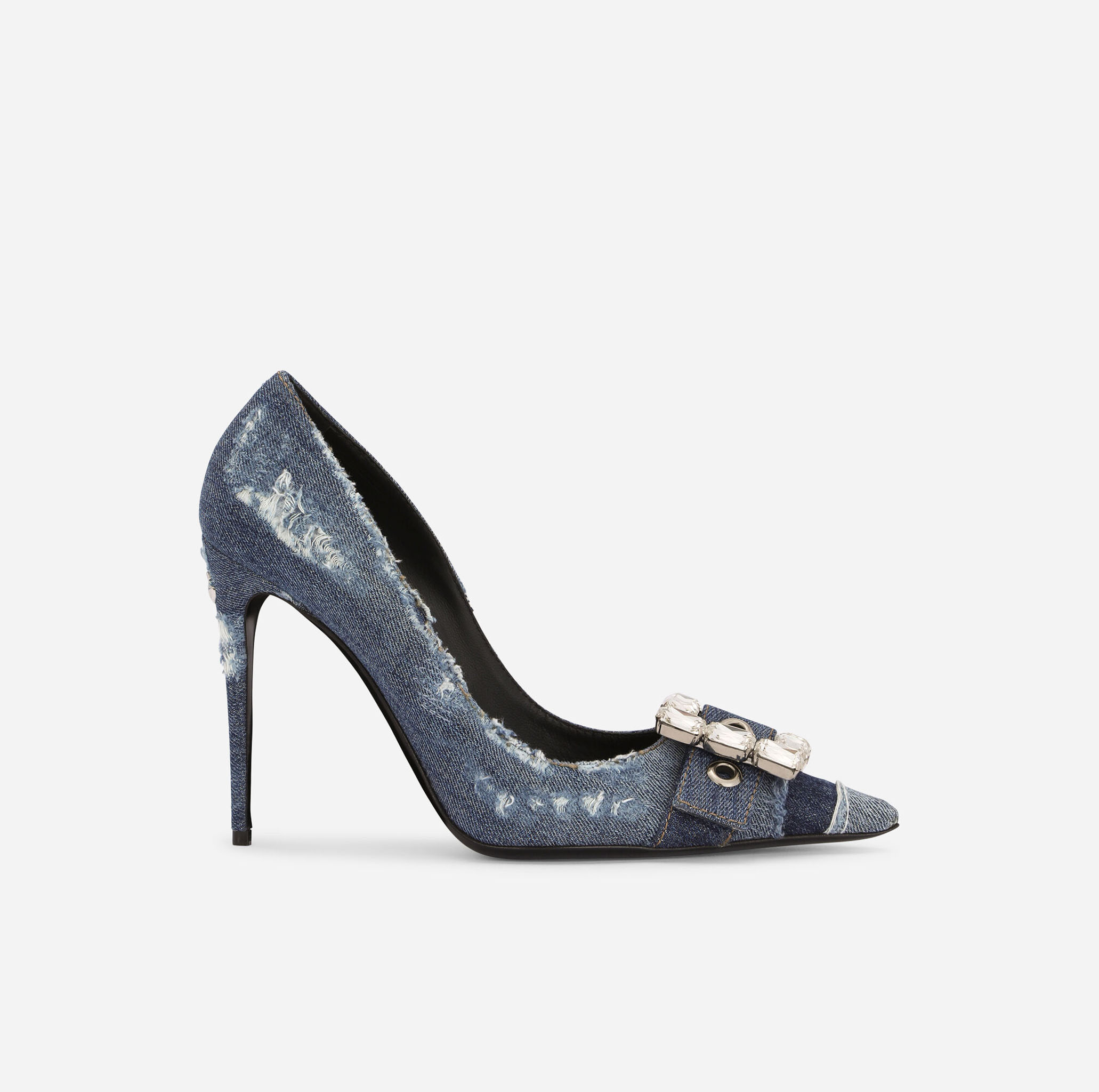 PATCHWORK DENIM PUMPS WITH RHINESTONE BUCKLE
