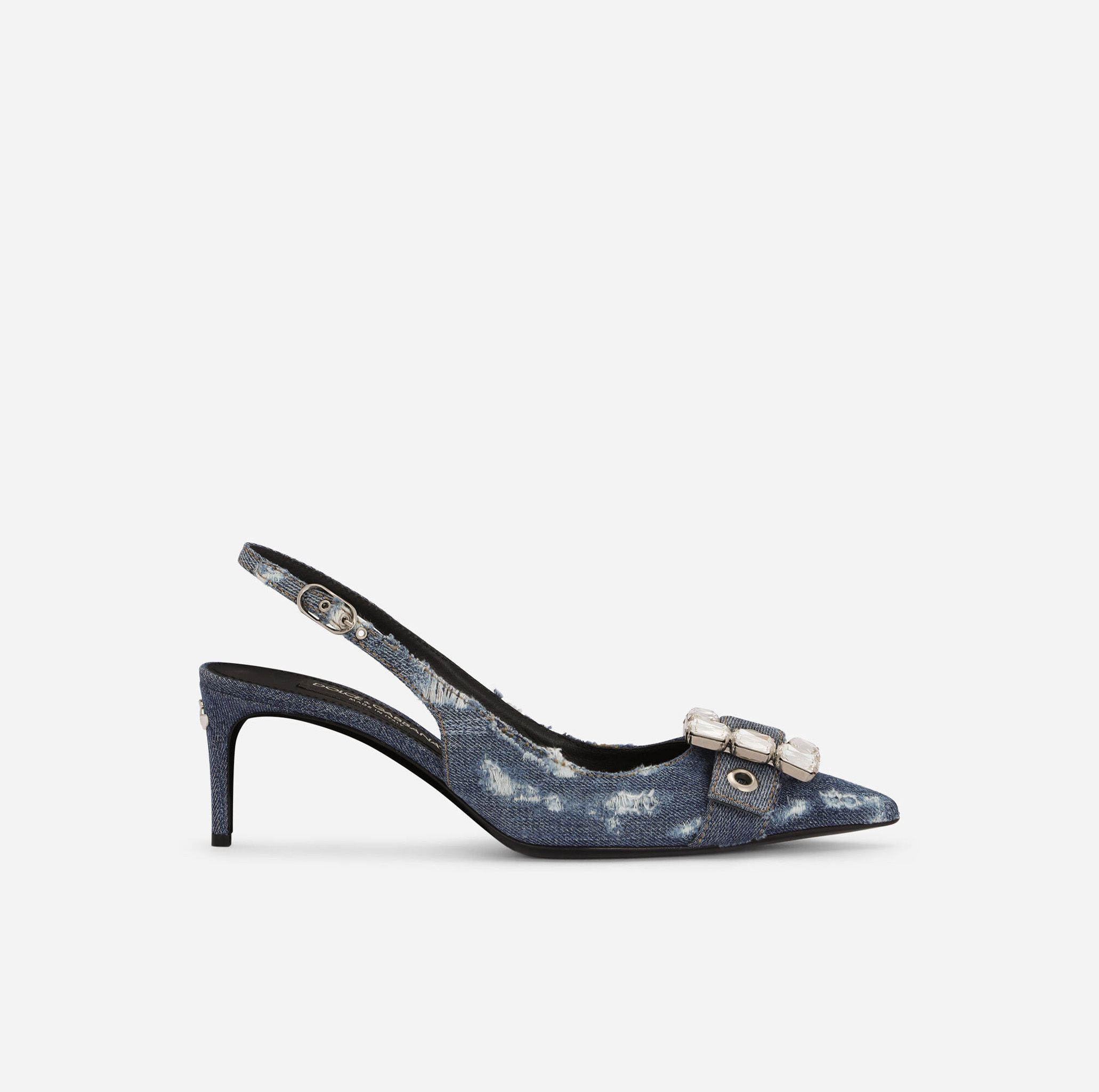 PATCHWORK DENIM SLINGBACKS WITH RHINESTONE BUCKLE