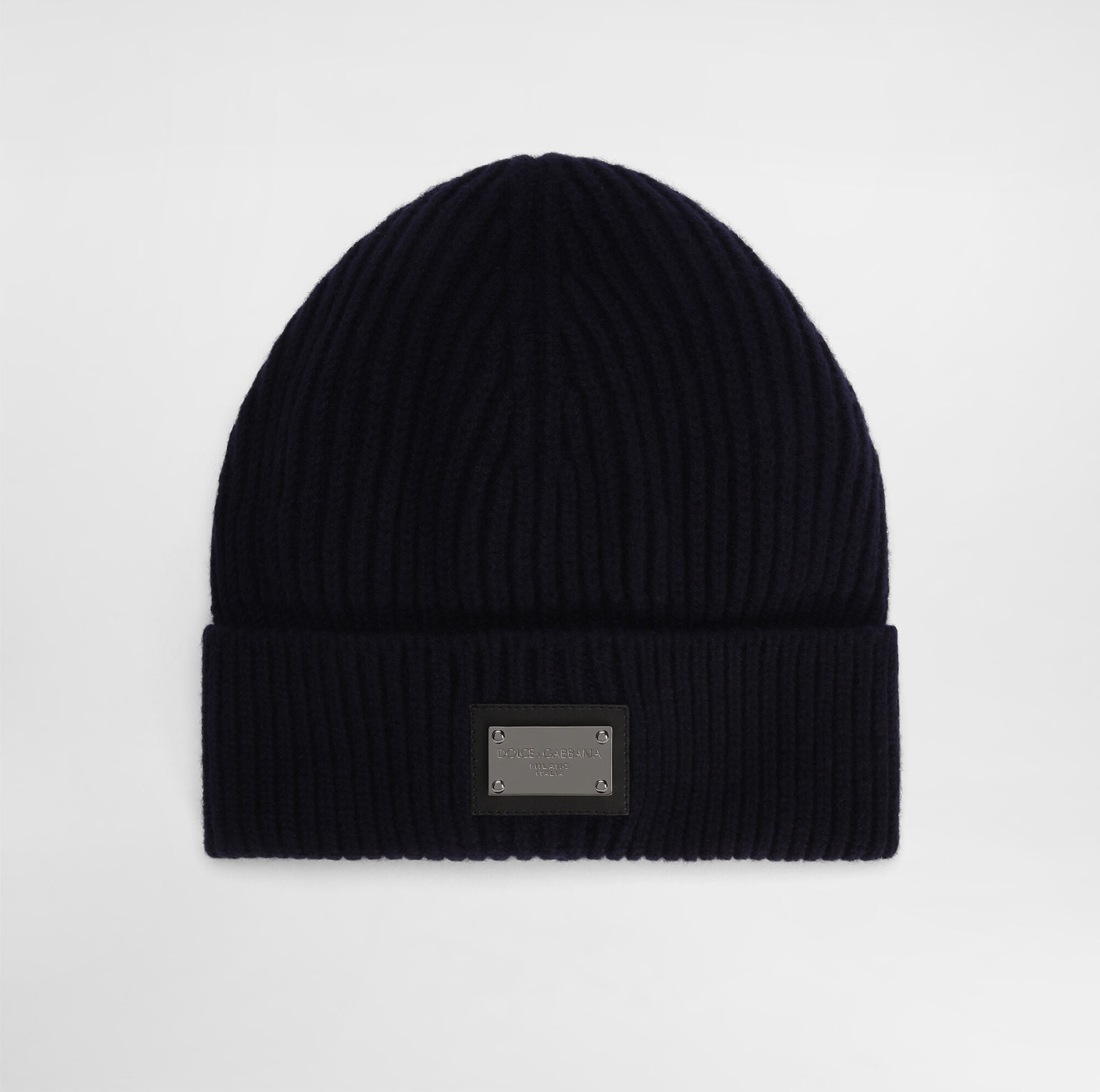 CASHMERE AND WOOL HAT WITH BRANDED TAG - Blue