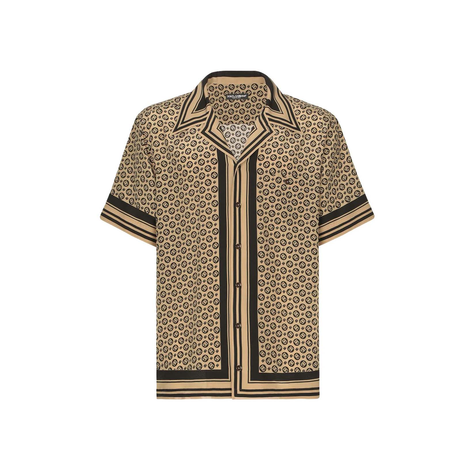 DG MONOGRAM-PRINT SILK SHIRT IN BROWN