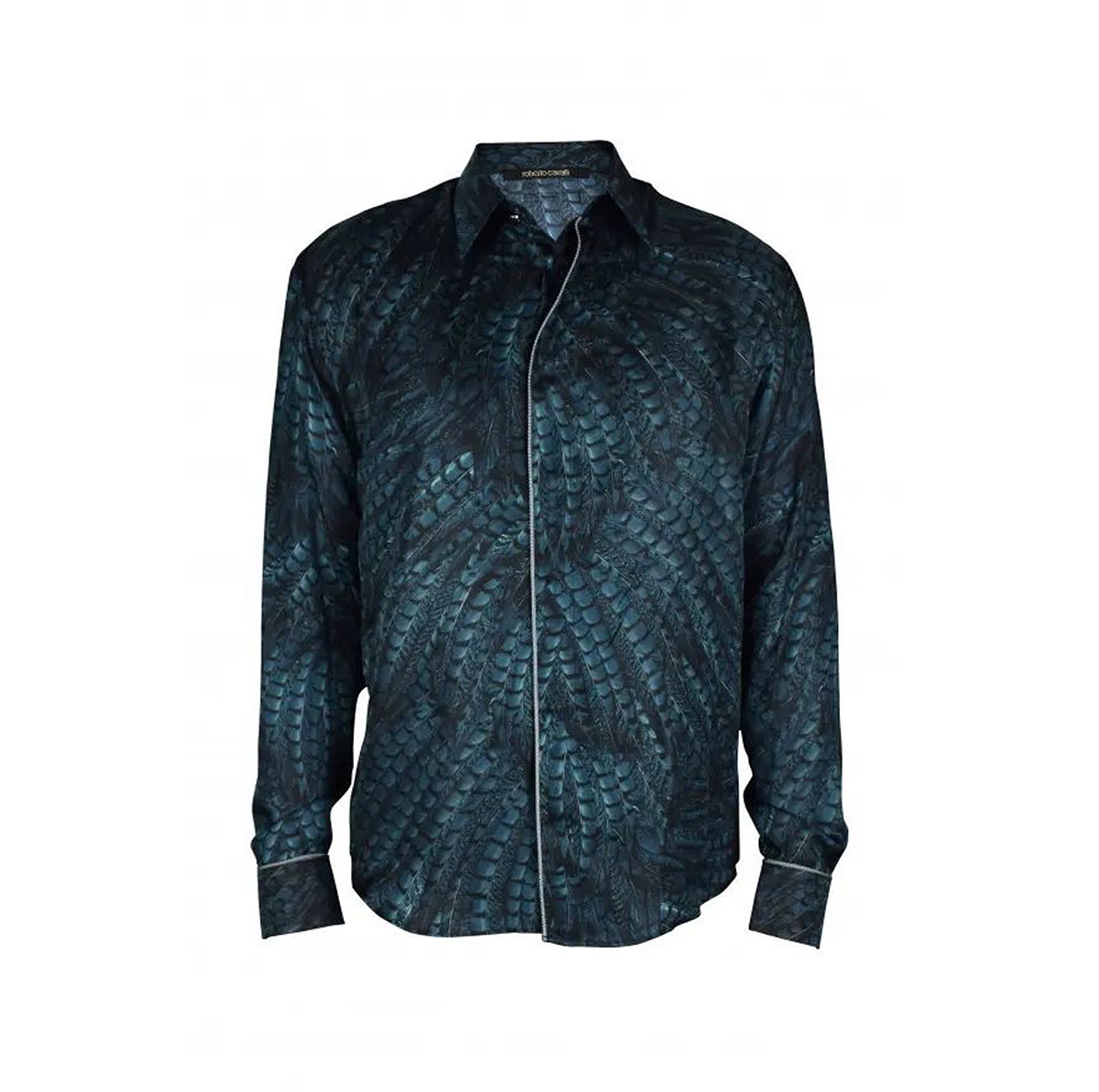 TURQUOISE SHIRT WITH PEACOCK FEATHER PRINT