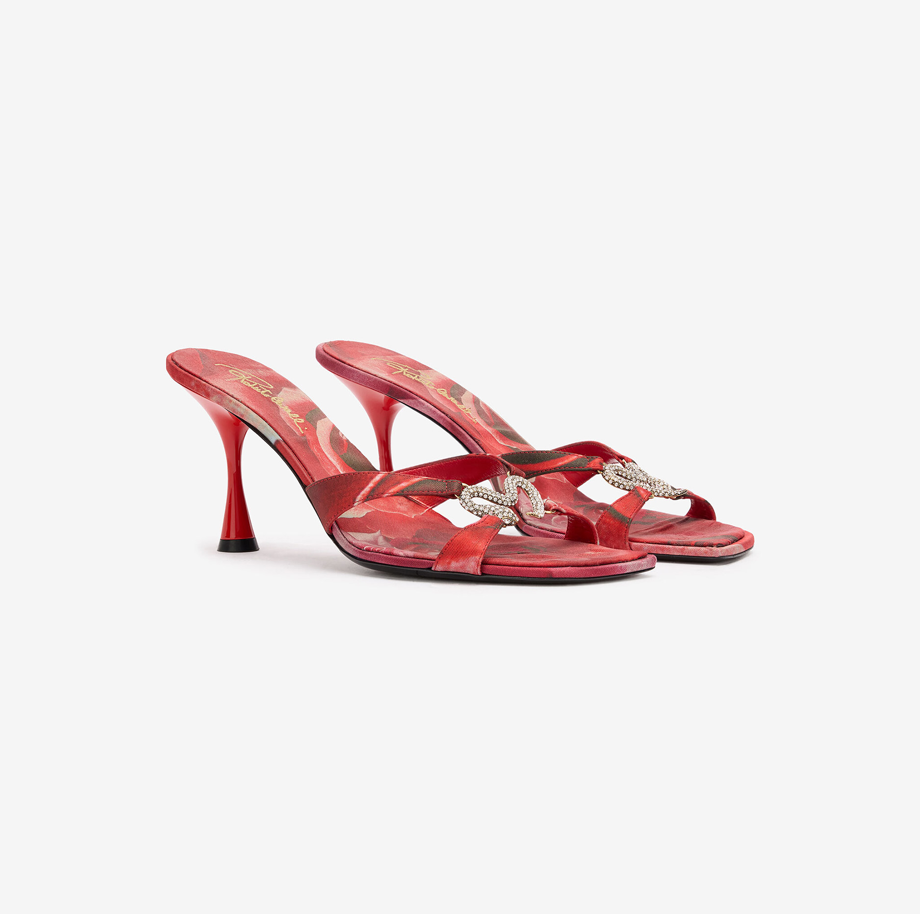 SANDALS WITH ROSE PRINT AND BEJEWELED SNAKE