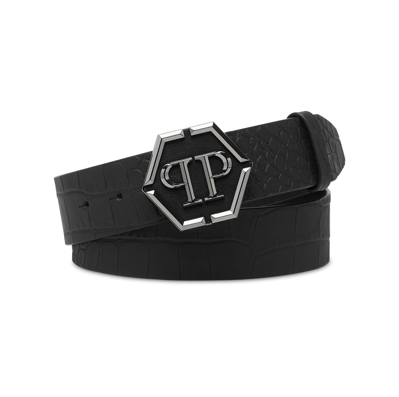 BLACK LEATHER BELT HEXAGON