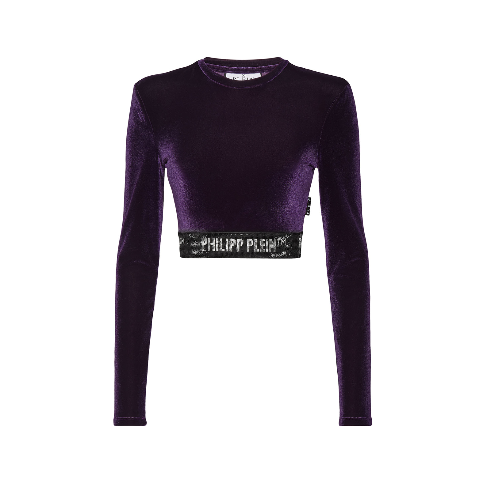 LONG-SLEEVE PADDED SHOULDER CROPPED TOP CRYSTAL