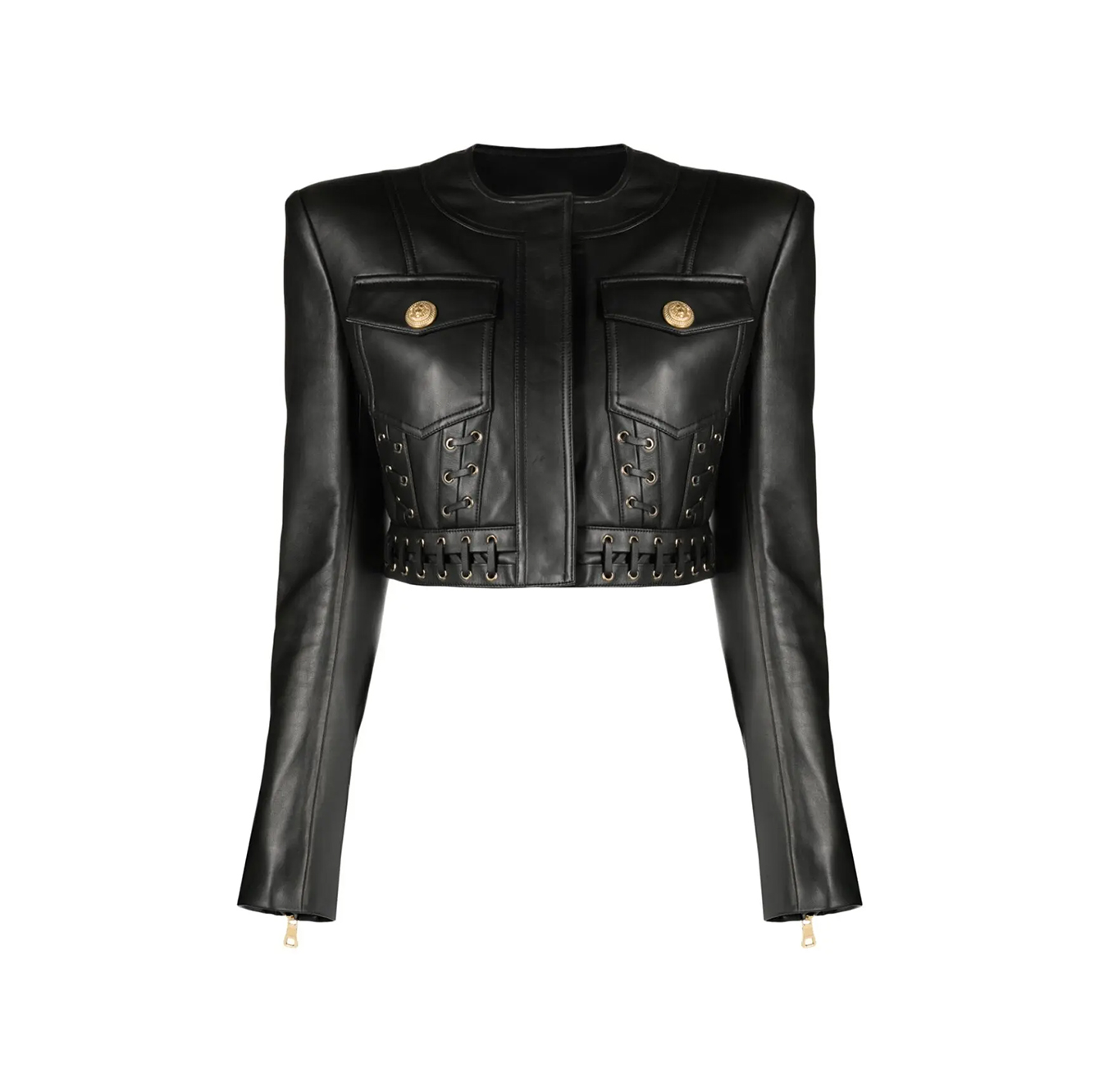 EYELET-EMBELLISHED CROPPED LEATHER JACKET