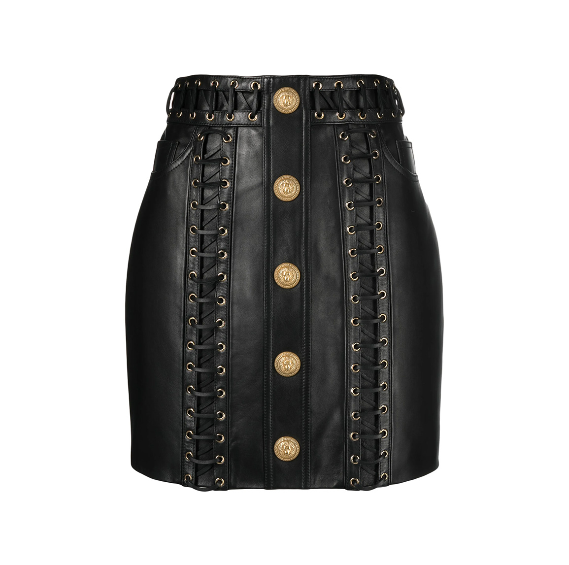 EYELET-EMBELLISHED BUTTONED LEATHER MINISKIRT