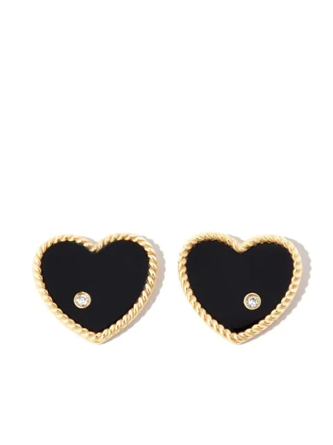 9kt yellow gold onyx heart diamond stud earrings